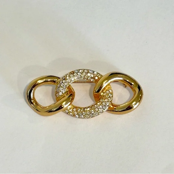 Vintage Christian Dior Triple Loop Rings Gold tone Brooch Rhinestone Pave - Picture 2 of 9